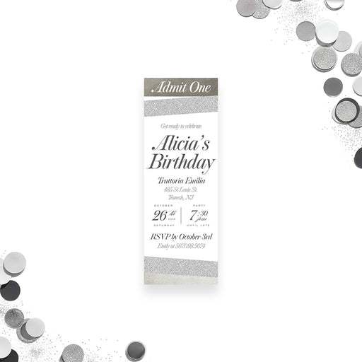 Elegant birthday ticket invitation with chic striped accents and admit one wording in a stylish modern layout.