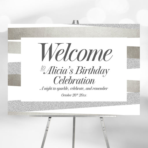 Elegant birthday welcome sign with modern striped accents and personalized celebration text on a stylish party display board.