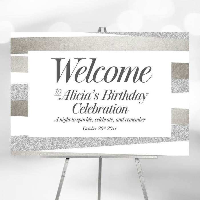 Elegant birthday welcome sign with modern striped accents and personalized celebration text on a stylish party display board.