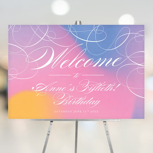 Elegant birthday welcome sign with pastel gradient and swirly script