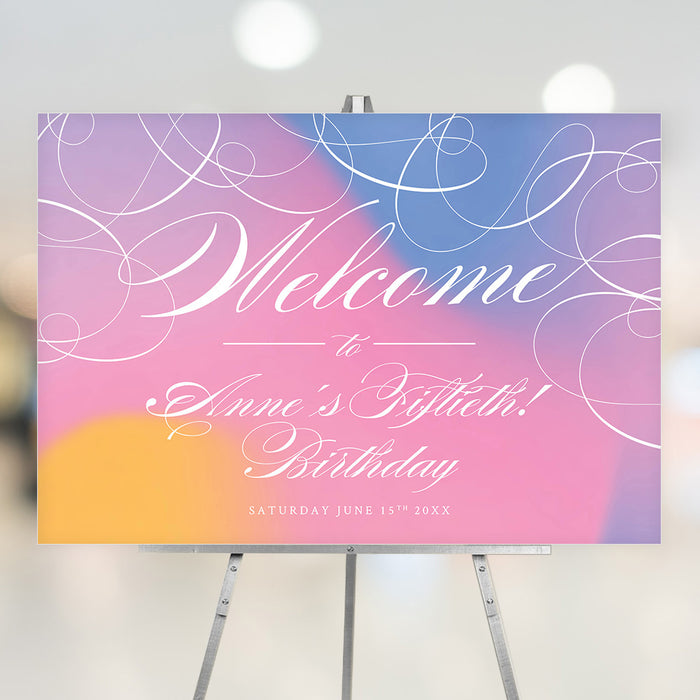 Elegant birthday welcome sign with pastel gradient and swirly script
