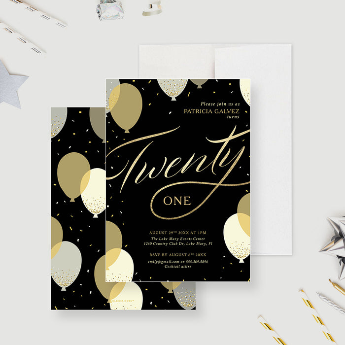 21st Birthday Party Invitation with Balloons and Confetti, Chic 30th 40th 50th 60th Birthday Celebration Invites