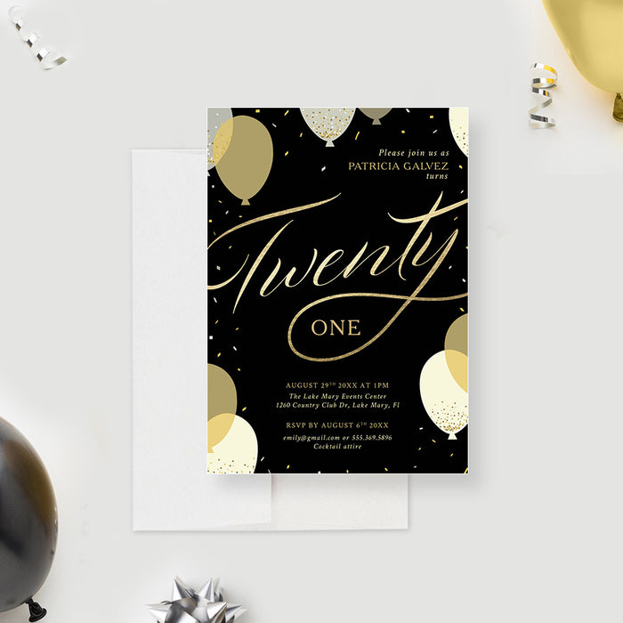 21st Birthday Party Invitation with Balloons and Confetti, Chic 30th 40th 50th 60th Birthday Celebration Invites