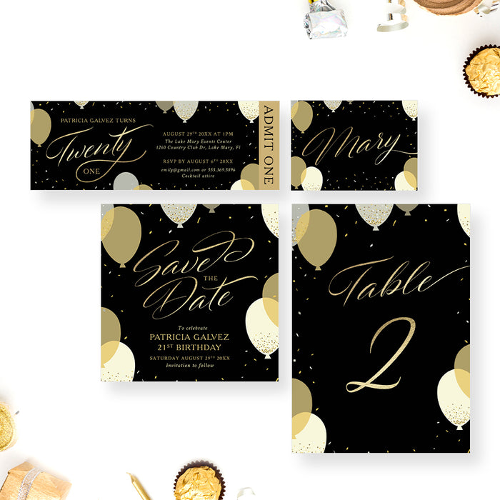 21st Birthday Party Invitation with Balloons and Confetti, Chic 30th 40th 50th 60th Birthday Celebration Invites