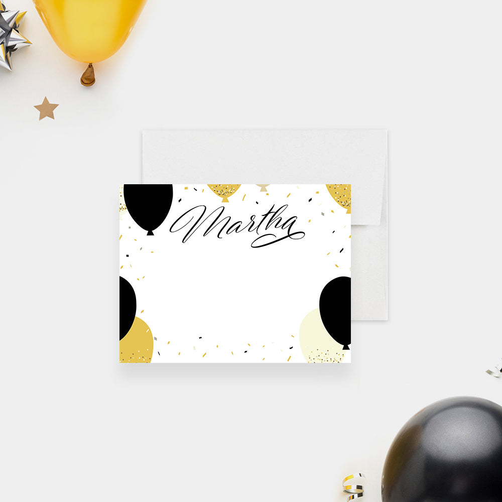 Black and Gold Note Card with Party Balloons and Confetti, Birthday Th