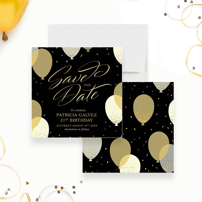 Elegant 21st Birthday Save the Date Card with Balloons and Confetti, Stylish Save the Date for 30th 40th 50th 60th Birthday Celebration