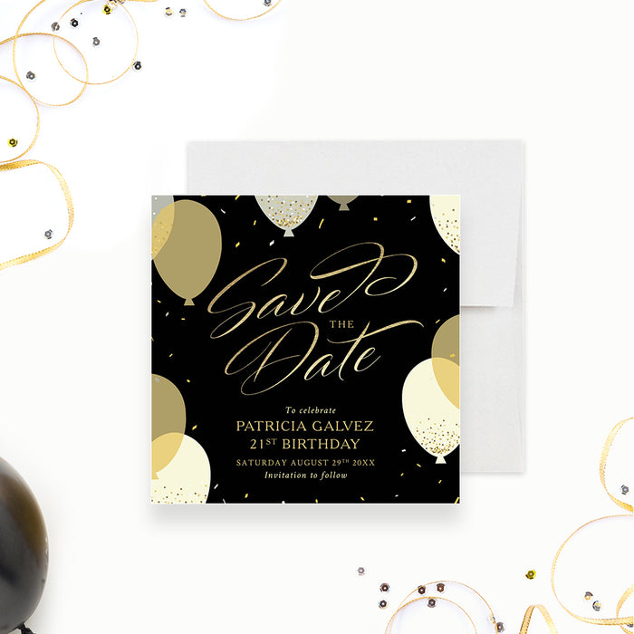 Elegant 21st Birthday Save the Date Card with Balloons and Confetti, Stylish Save the Date for 30th 40th 50th 60th Birthday Celebration