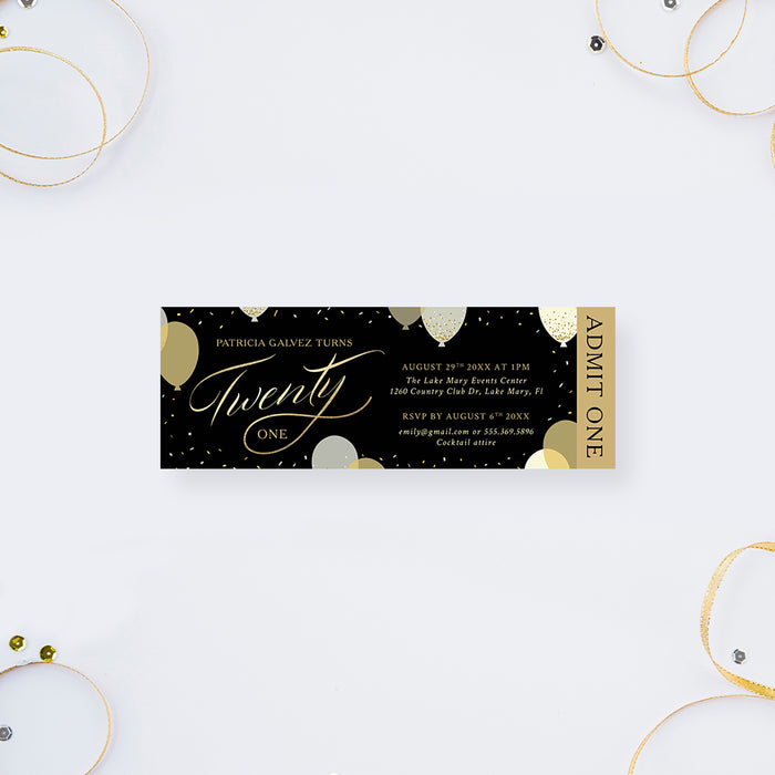 Elegant 21st Birthday Ticket Invitation with Party Balloons and Confetti, Personalized Ticket for 30th 40th 50th 60th Birthday Celebration