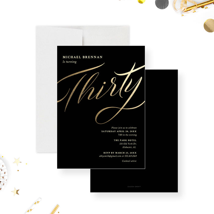 Elegant Black and Gold 30th Birthday Invitation Card, Thirty Birthday Invites, 40th 50th 60th Birthday Dinner Invitations
