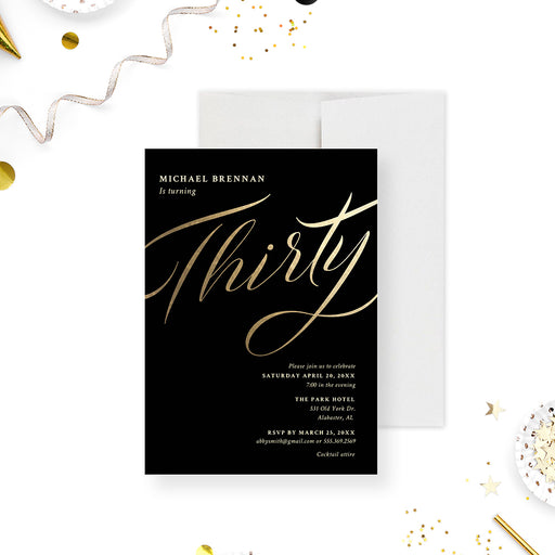 a black and gold birthday party with the word thirty written on it