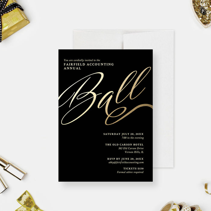 Black and Gold Annual Ball Invitation, Business Black Tie Invites, Formal Corporate Gala Night Invitation