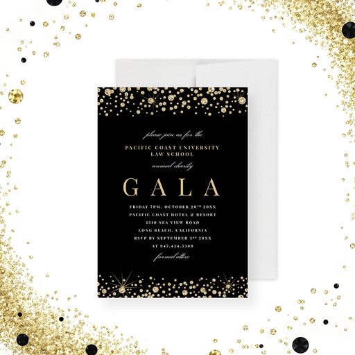 Black and gold charity gala invitation with elegant gold confetti design on black background-front