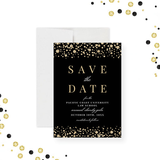 Black and gold charity gala save the date card with elegant gold confetti border-front
