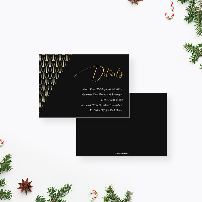 Elegant Holiday Open House Invitation, Business Christmas Party Invite in Black and Gold Featuring Pine Tree Design 190