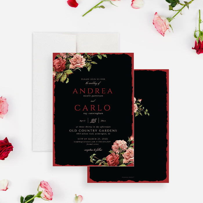 Floral wedding invitation showcasing vintage red and pink rose illustrations with a dramatic, romantic, and timeless design.-front-back
