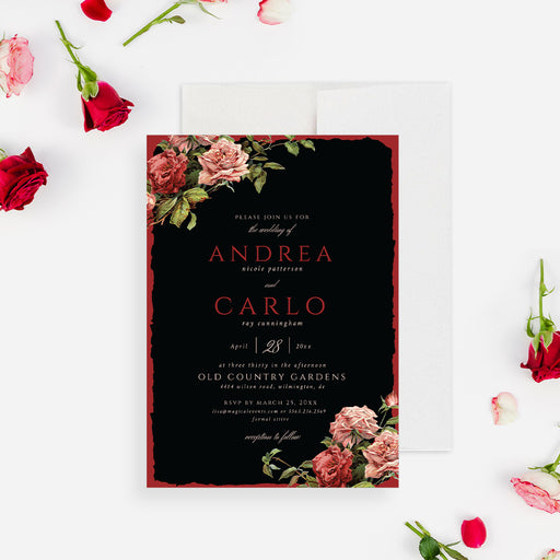 Floral wedding invitation showcasing vintage red and pink rose illustrations with a dramatic, romantic, and timeless design.-front