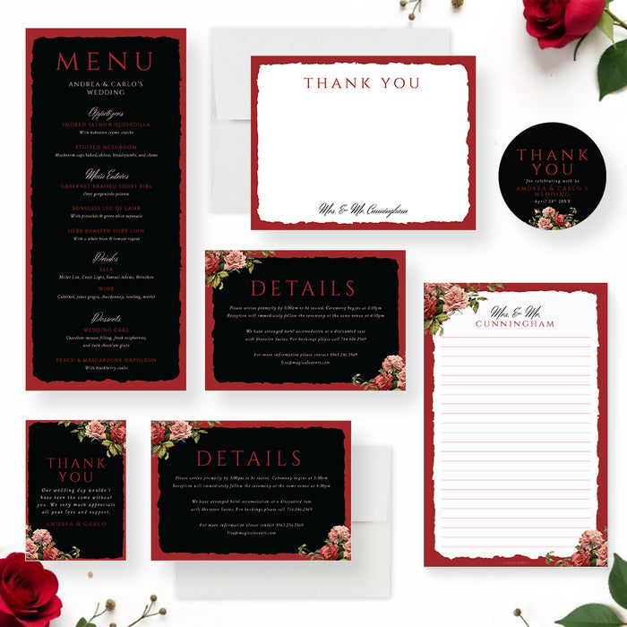 Elegant Black and Red Floral Wedding Invitation