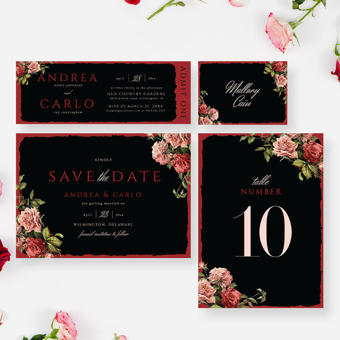 Elegant Black and Red Floral Wedding Invitation