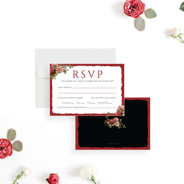 Elegant Black and Red Floral Wedding Invitation