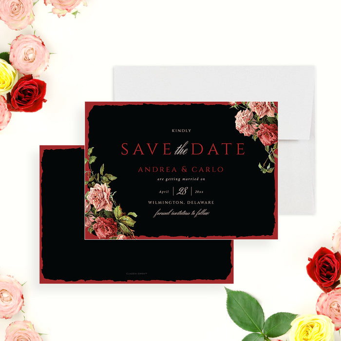 Black and red floral save the date card featuring vintage rose illustrations, ideal for garden, classic, or elegant wedding celebrations.-front-back