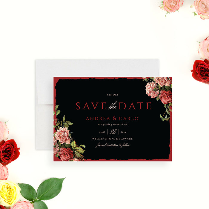 Black and red floral save the date card featuring vintage rose illustrations, ideal for garden, classic, or elegant wedding celebrations.-front