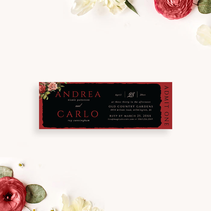 Red and black wedding ticket invitation featuring a vintage rose design, perfect for engagements, anniversaries, or exclusive events.