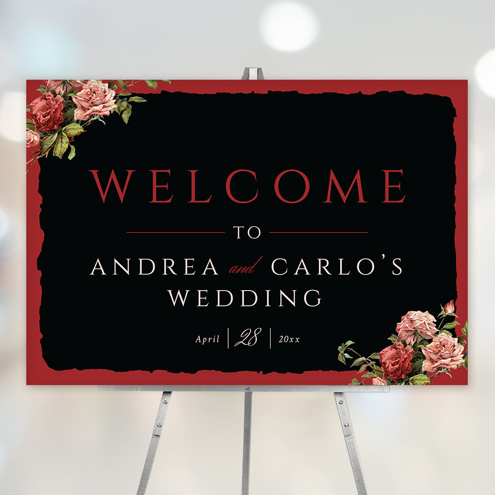 Elegant Red and Black Wedding Welcome Sign with Roses