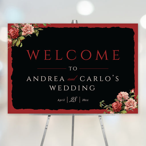 Red and black floral wedding welcome sign featuring vintage roses, perfect for greeting guests at your ceremony or reception venue.