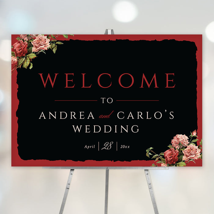 Red and black floral wedding welcome sign featuring vintage roses, perfect for greeting guests at your ceremony or reception venue.
