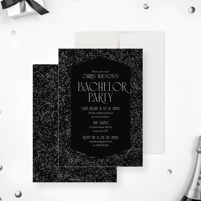 Black and gray bachelor party invitation with a sleek, modern design perfect for any men's event.-front-back