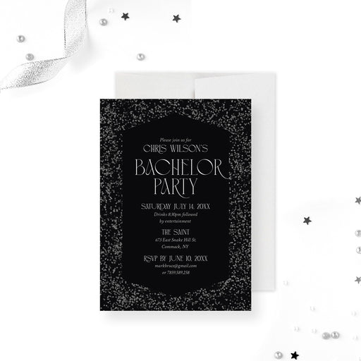 Black and gray bachelor party invitation with a sleek, modern design perfect for any men's event.-front