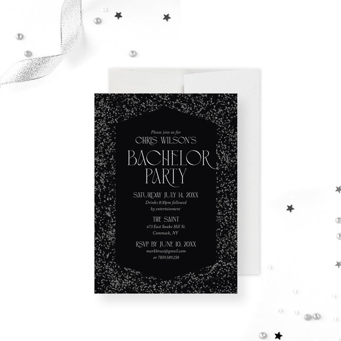 Black and gray bachelor party invitation with a sleek, modern design perfect for any men's event.-front