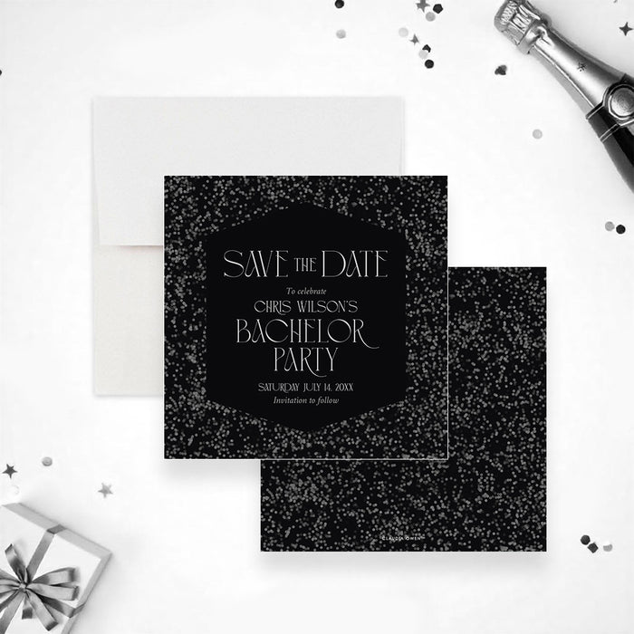 Elegant bachelor party save the date card, perfect as a pre-invitation or date reminder for any men's event.-front-back