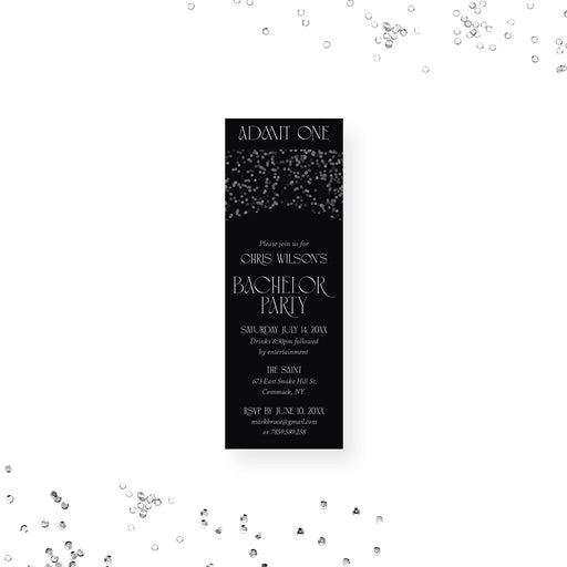 Black and gray bachelor party ticket invitation, personalized admit-one printed ticket for a men’s gathering.