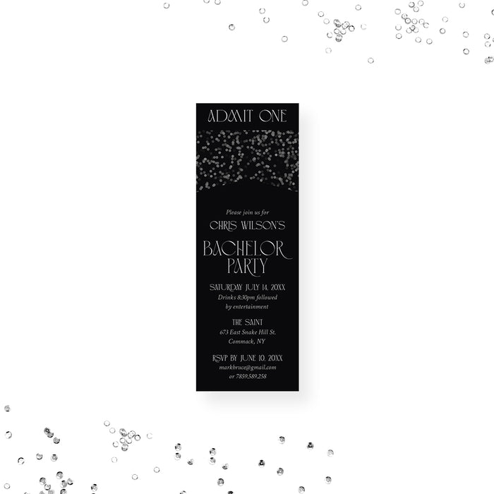 Black and gray bachelor party ticket invitation, personalized admit-one printed ticket for a men’s gathering.