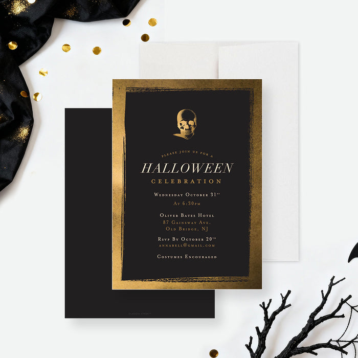 elegant Halloween party invitation with black and gold gothic design, personalized spooky costume party invite-front-back