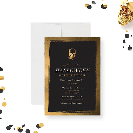 elegant Halloween party invitation with black and gold gothic design, personalized spooky costume party invite-front