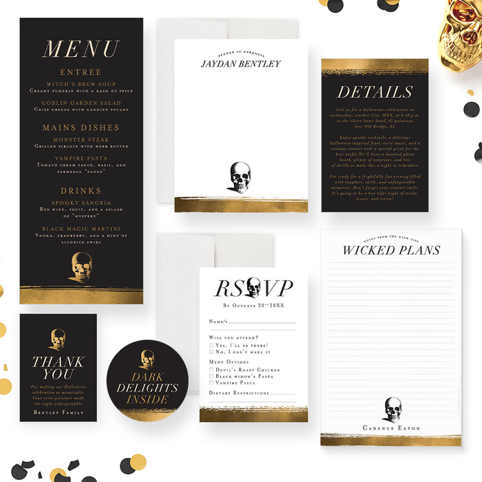 Elegant Halloween Party Invitation Black Gold Skull Invite
