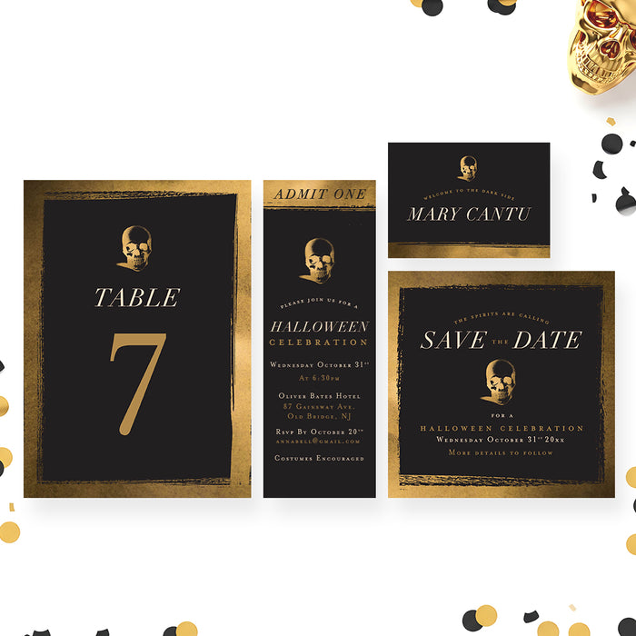 Elegant Halloween Party Invitation Black Gold Skull Invite