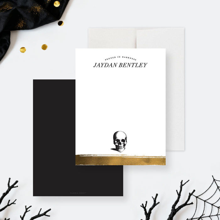 black and gold Halloween note card with gothic skull design and custom name-front-back