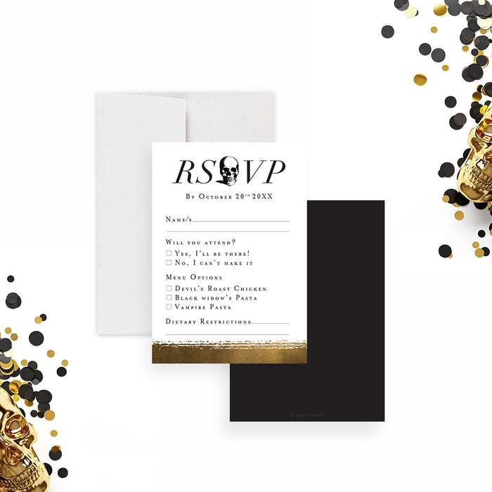 Elegant Halloween Party Invitation Black Gold Skull Invite