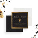black and gold Halloween save the date card with gothic skull design and elegant spooky party theme-front-back