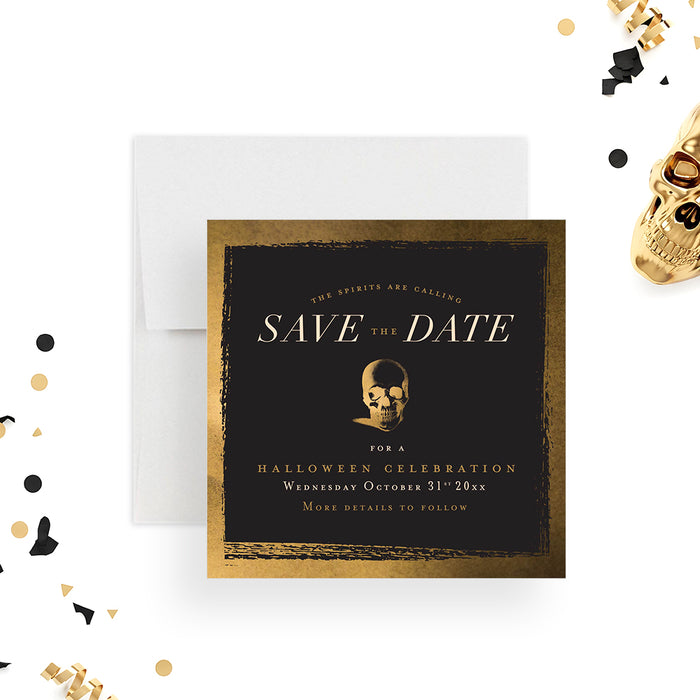 black and gold Halloween save the date card with gothic skull design and elegant spooky party theme-front