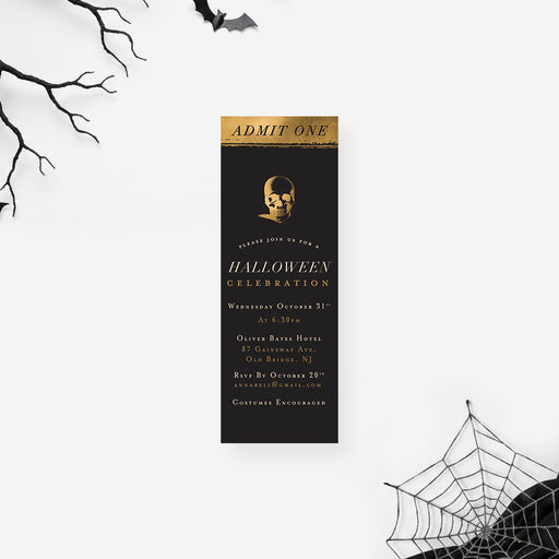 elegant black and gold Halloween ticket invitation with gothic skull design and admit one ticket layout