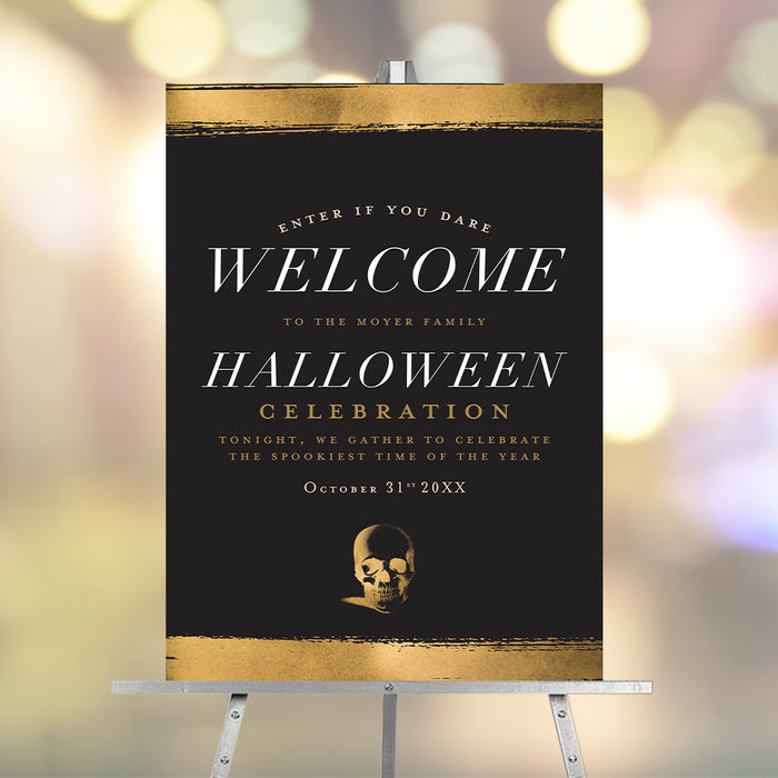 elegant black and gold Halloween welcome sign with gothic skull design displayed as party entrance decor
