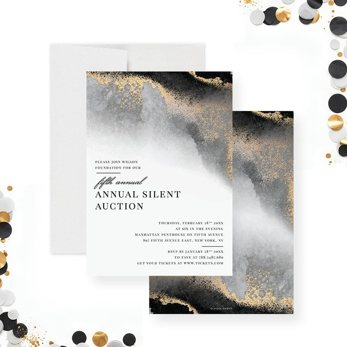 Silent auction invitation featuring an elegant black and neutral design with modern layout, ideal for charity gala and fundraising events-front-back