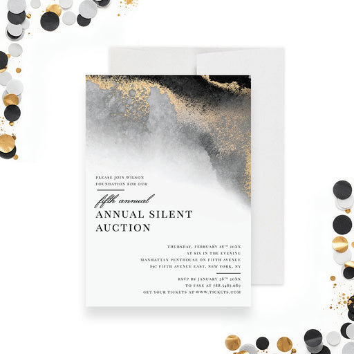 Silent auction invitation featuring an elegant black and neutral design with modern layout, ideal for charity gala and fundraising events-front