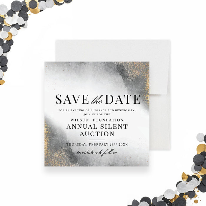 Silent auction save the date card featuring an elegant black and neutral design, perfect for charity gala and fundraising events-front