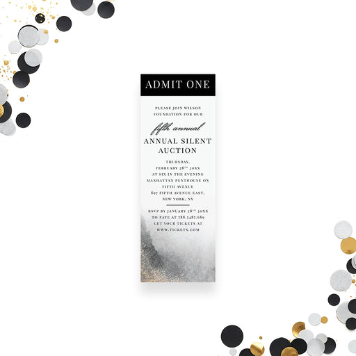 Silent auction ticket invitation featuring a clean elegant black and neutral design, ideal for charity gala and fundraising events