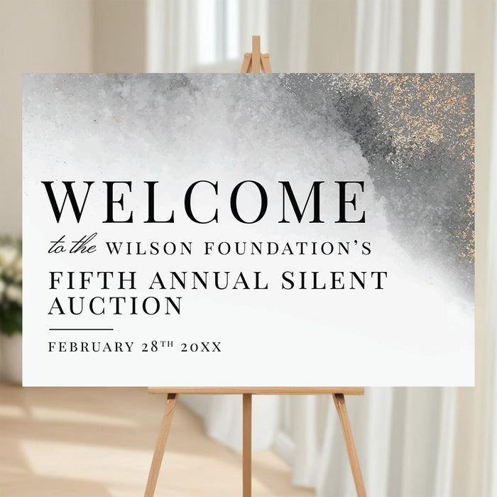 Elegant charity event welcome sign with a neutral and black design, ideal for silent auctions and corporate event entrances